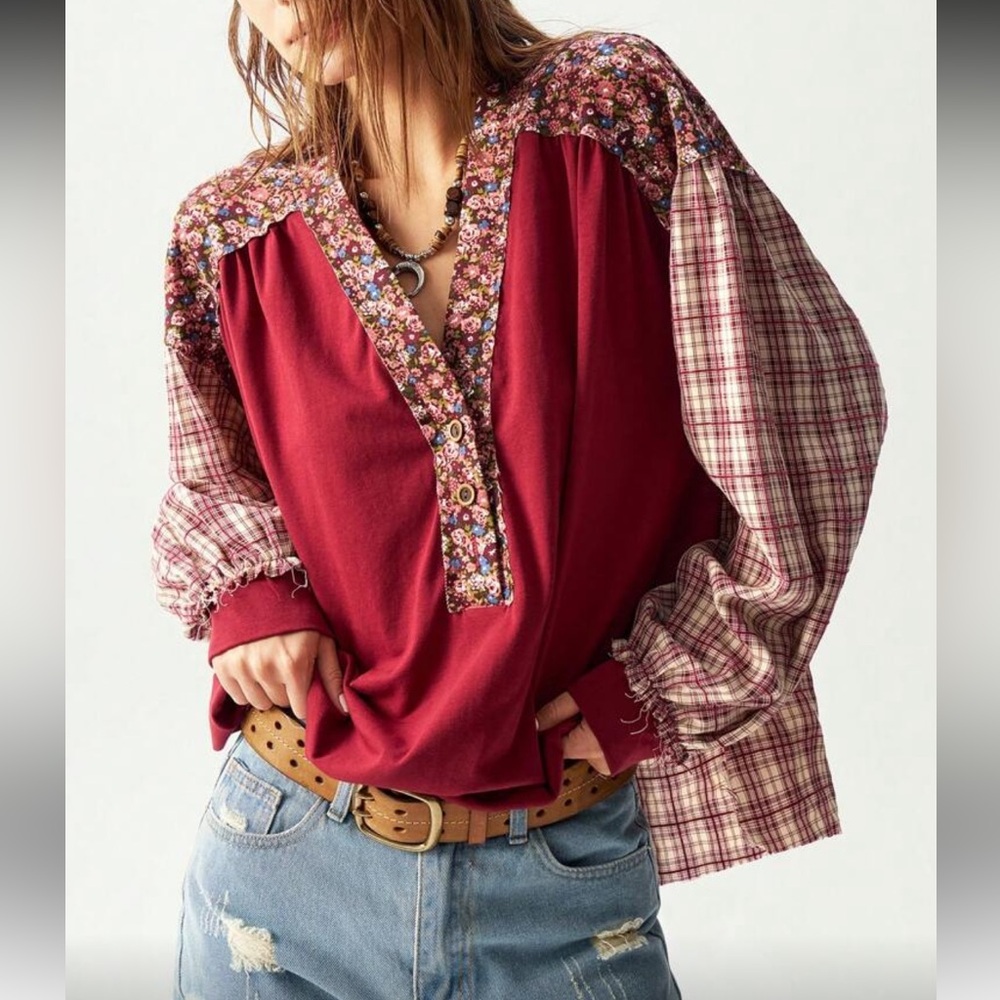 Red And Plaid Patchwork Blouse - image 2